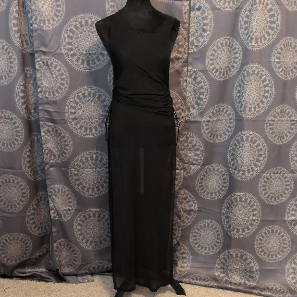 Black Sleeveless Ruched Sheer Maxi Dress - Women's